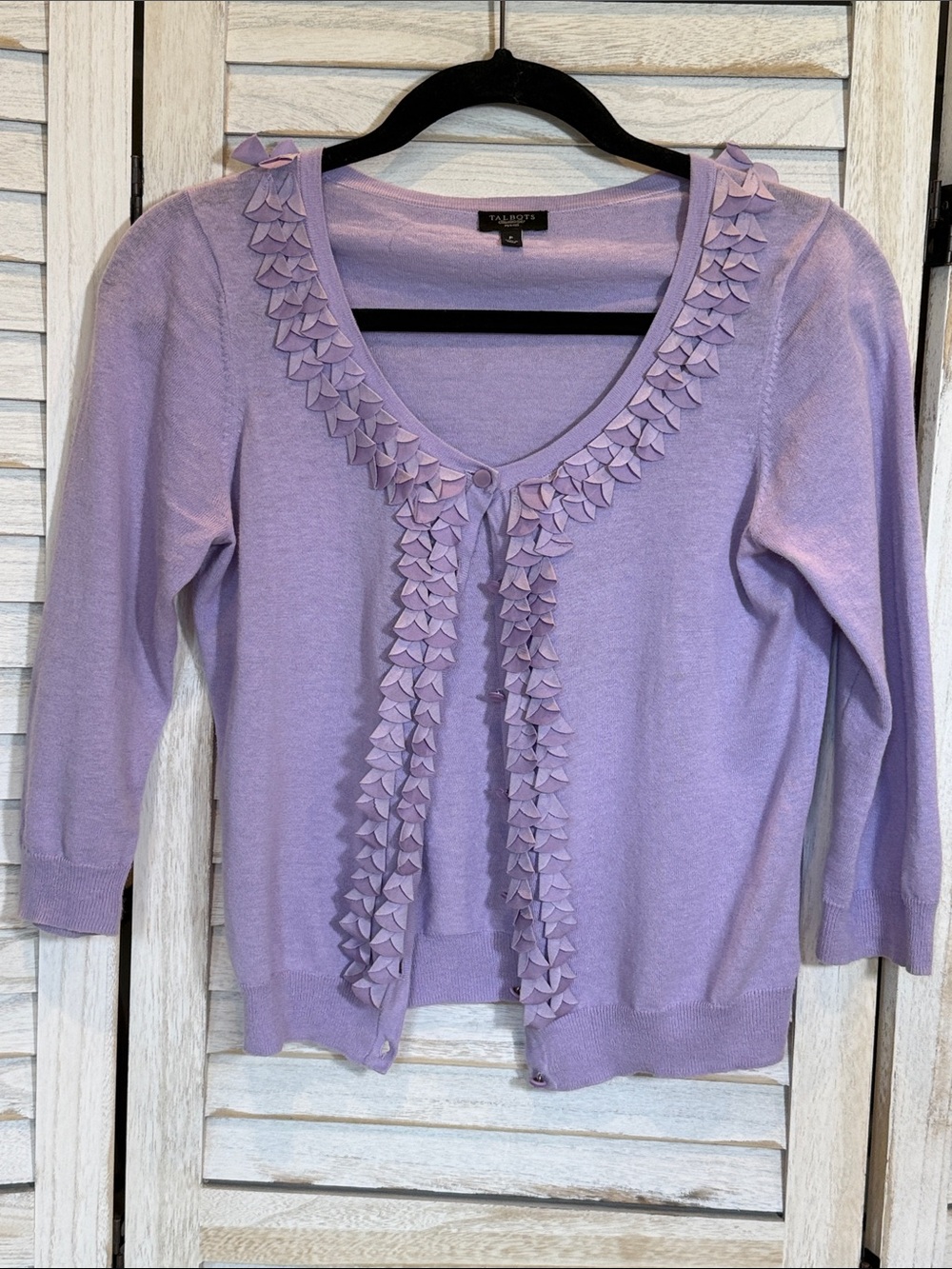 Talbots Lilac Ruffle-Front Scoop Neck Cardigan - Size P